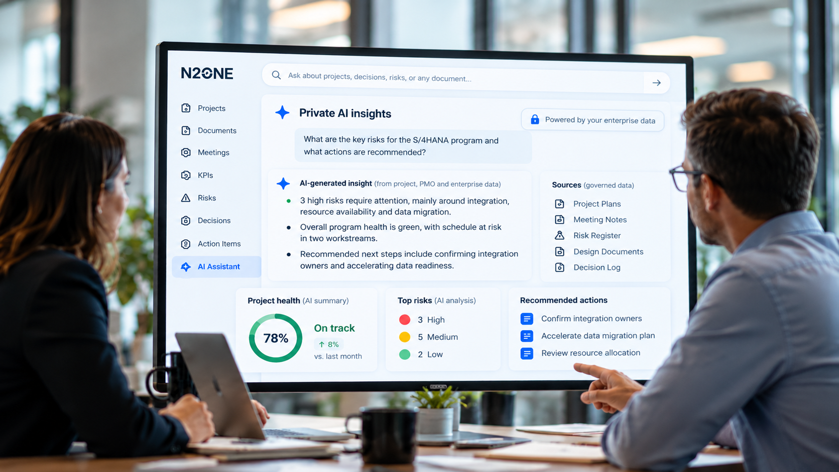 N2ONE Private AI dashboard showing governed project risks, source documents, insights and recommended actions reviewed by a project team