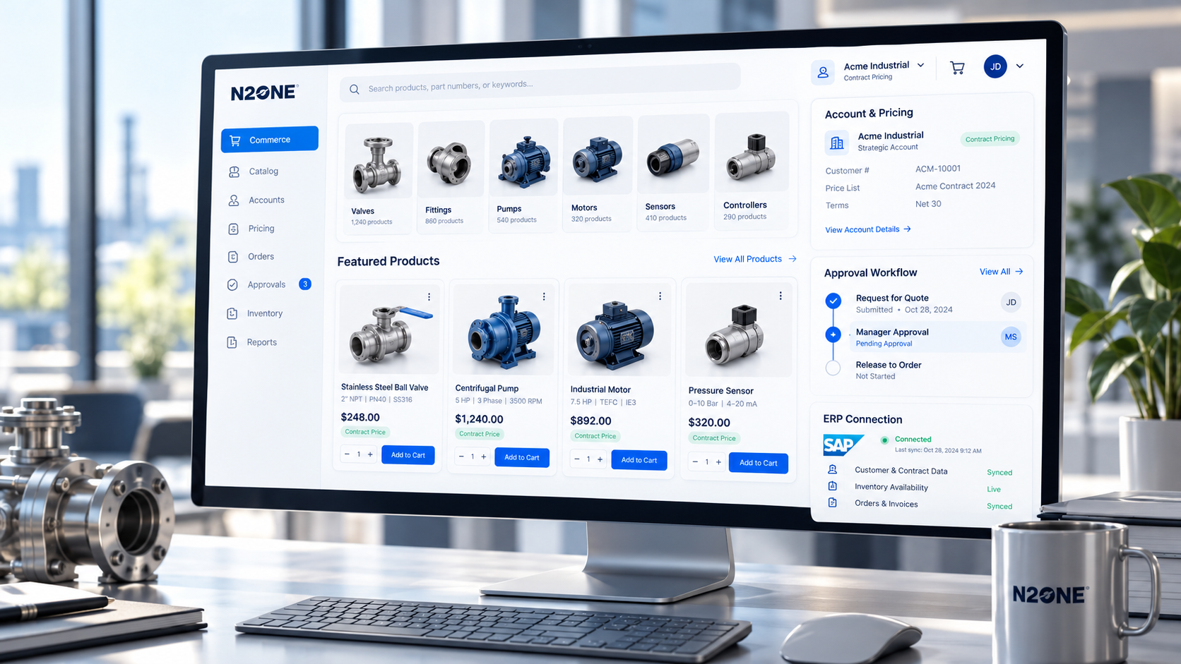 N2ONE Commerce industrial product catalog and ERP-connected B2B buying interface on a desktop display
